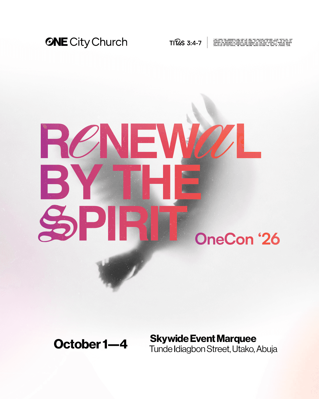 OneCon 2026 Renewal by the Spirit poster with pink and coral lettering on white. October 1–4, Skywide Event Marquee, Abuja.