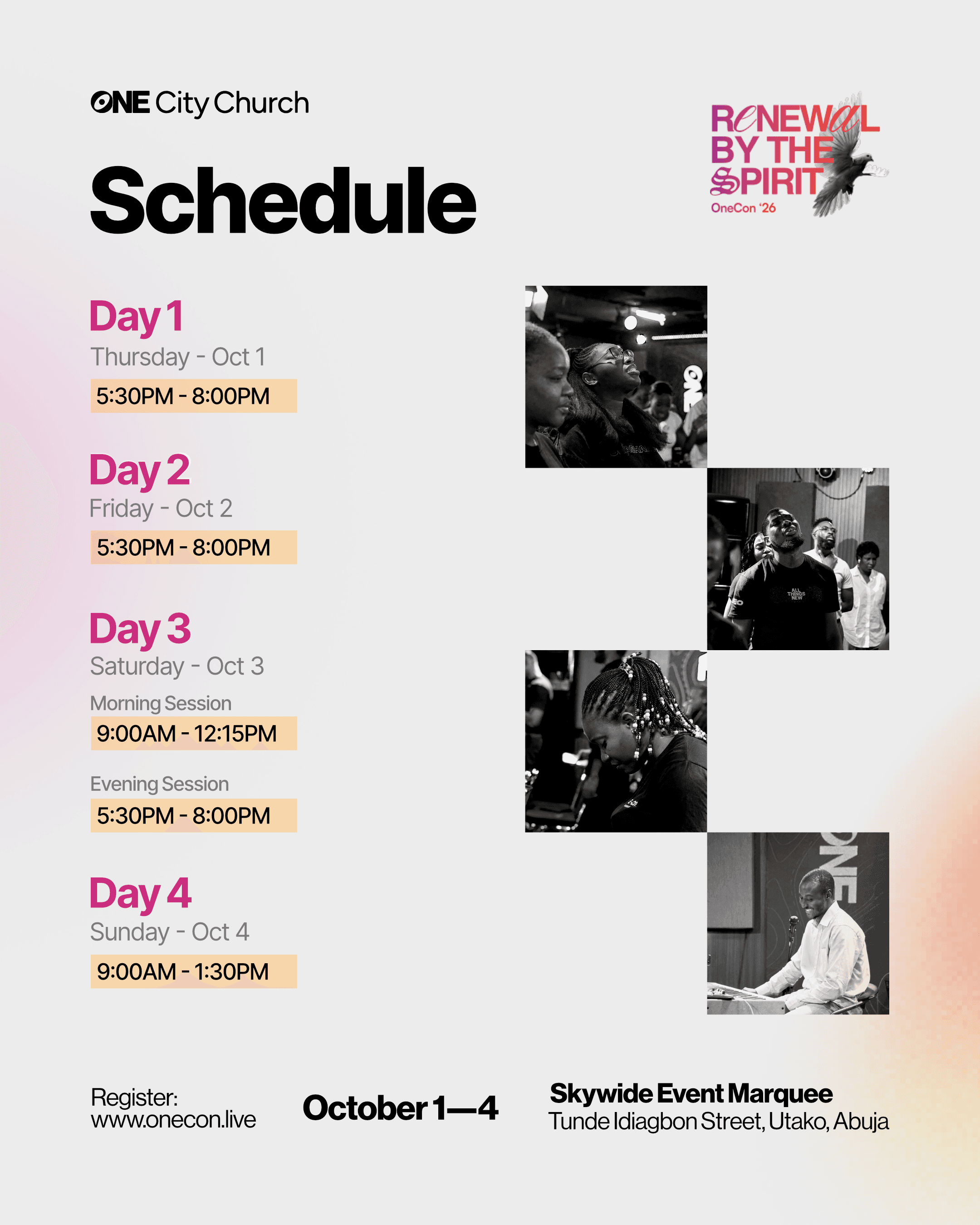 OneCon October 1–4 schedule: Thursday and Friday 5:30–8 PM; Saturday 9 AM–12:15 PM and 5:30–8 PM; Sunday 9 AM–1:30 PM. All times WAT.